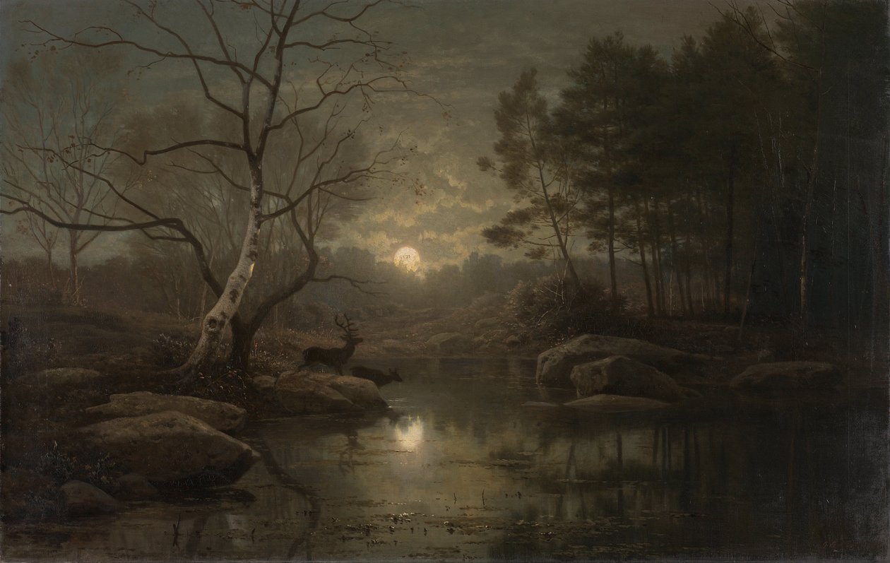 Boslandschap bij maanlicht door Georg Eduard Otto Saal