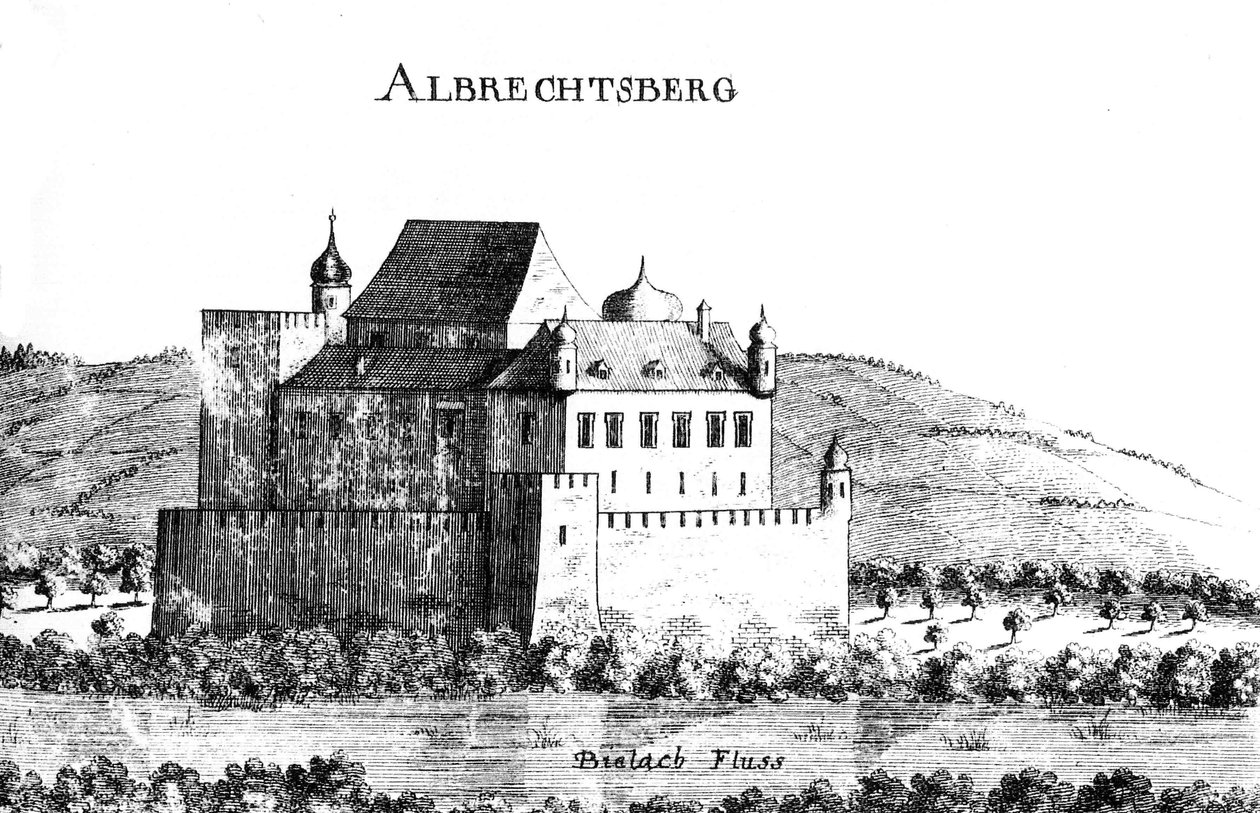 Vischer-gravure van het kasteel Albrechtsberg rond 1672 door Georg Matthaus Vischer