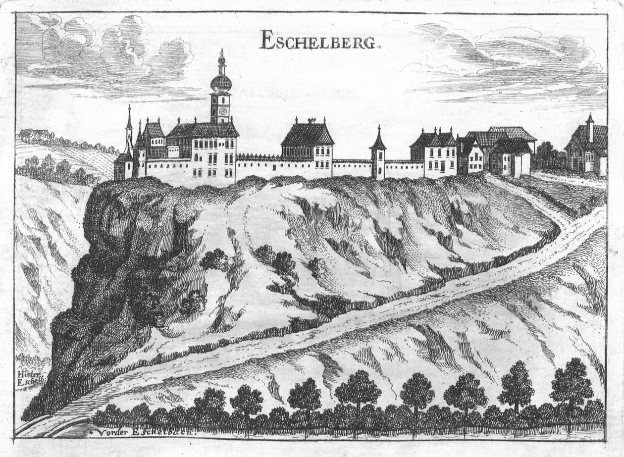 Gravure, uitzicht op kasteel Eschelberg door Georg Matthäus  Vischer