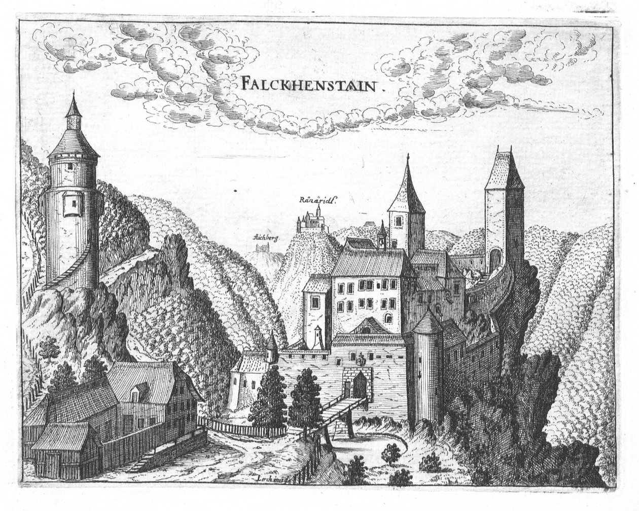 Gravure, uitzicht op kasteel Falkenstein, Opper-Oostenrijk door Georg Matthaus Vischer
