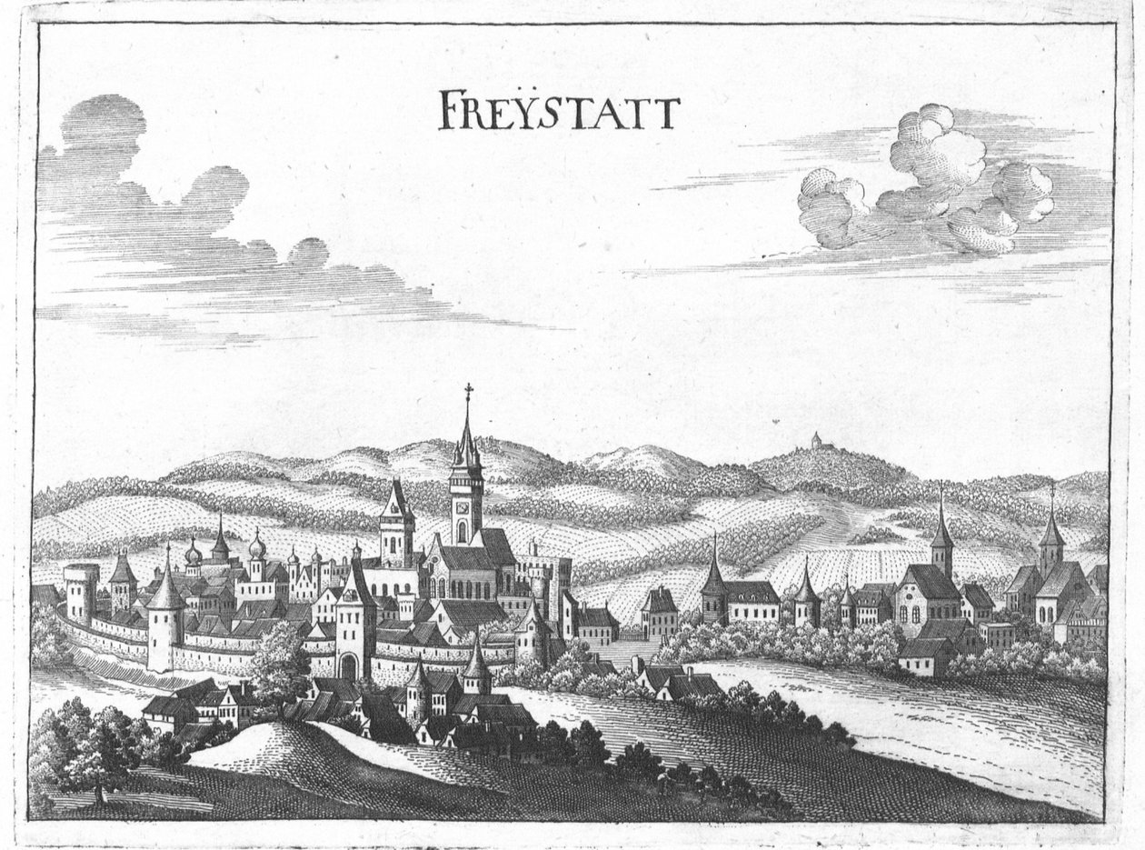 Gravure, uitzicht op Freistadt, Opper-Oostenrijk door Georg Matthaus Vischer