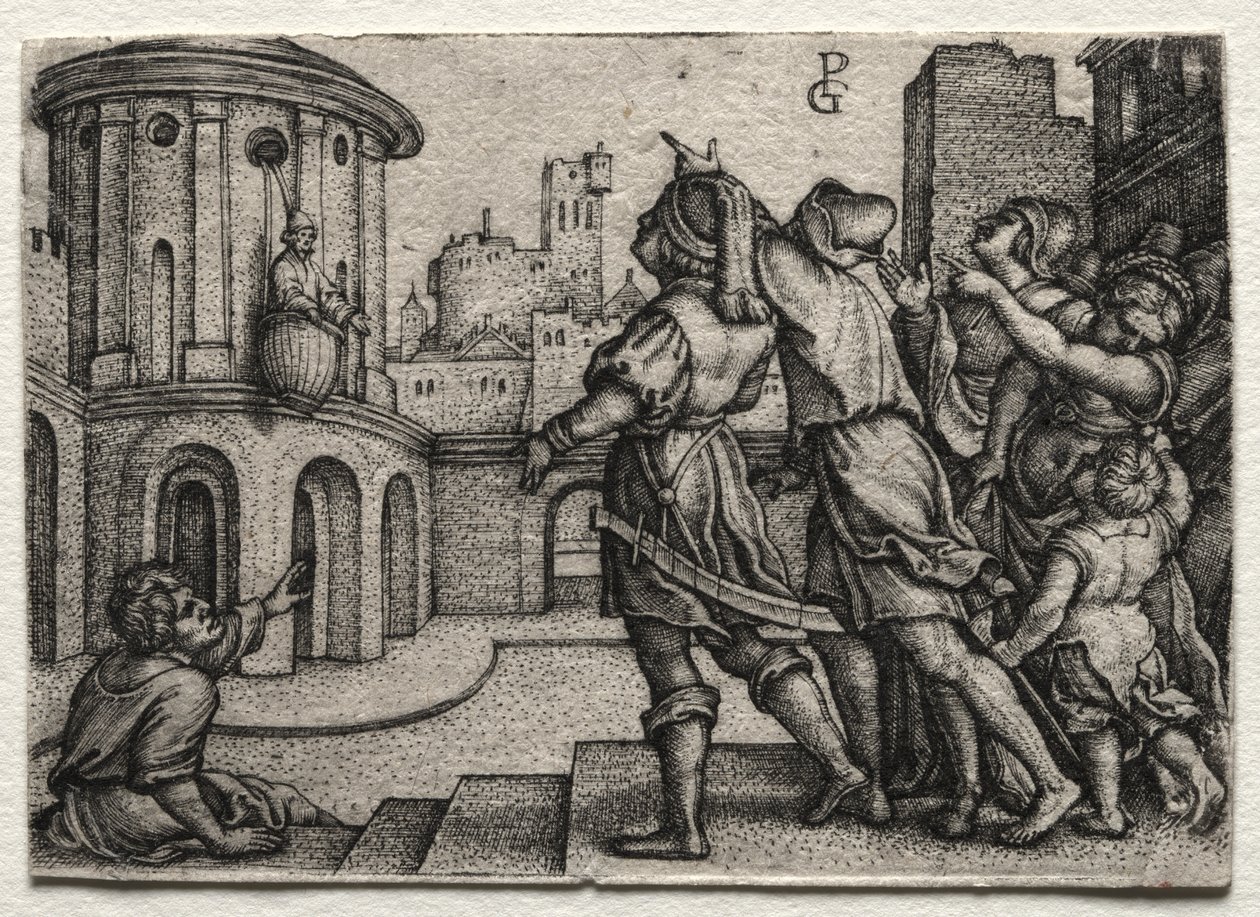 Vergilius hangend in een mand door Georg Pencz