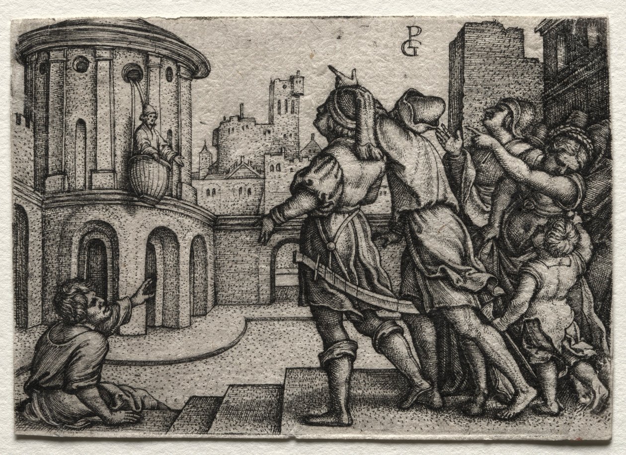 Virgil hangend in een Mand door Georg Pencz