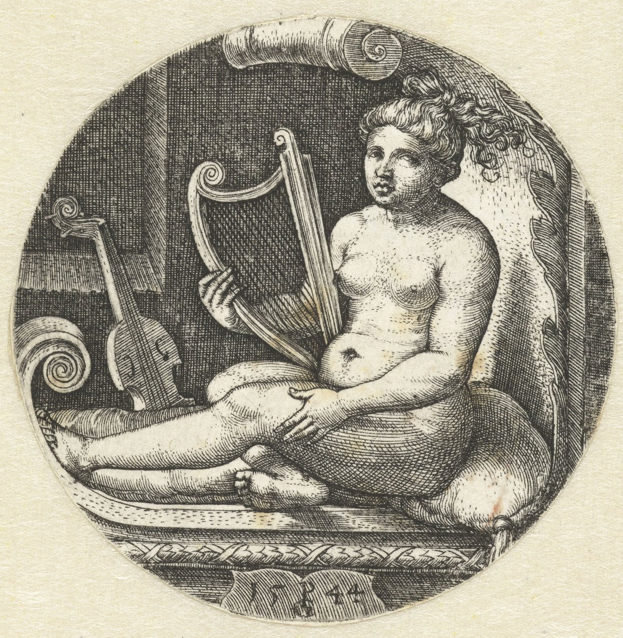 Zittende naakte vrouw met een harp door Georg Pencz