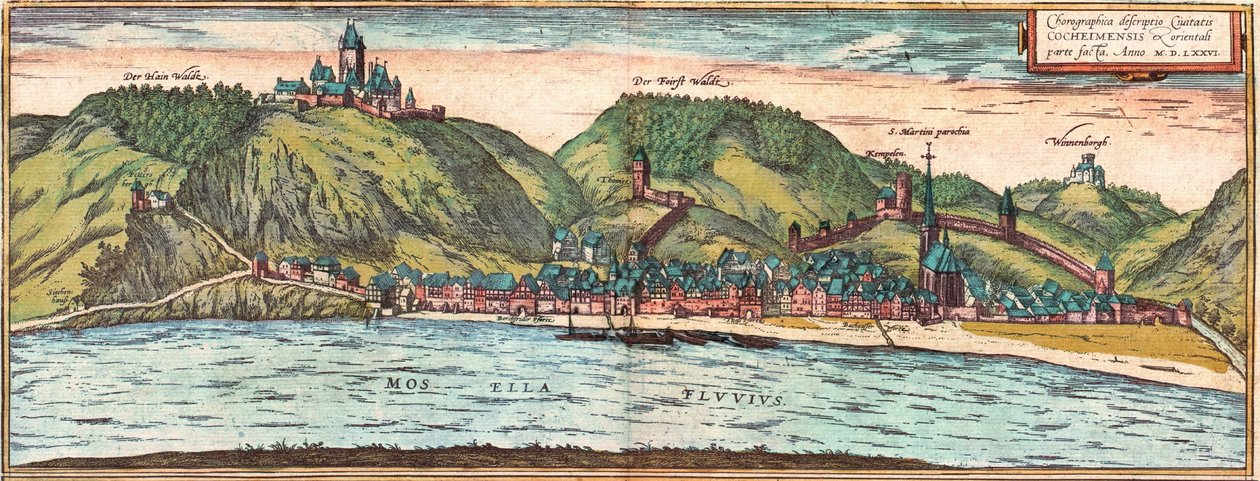 Cochem door Georg and Hogenberg Franz (1535 90) Braun