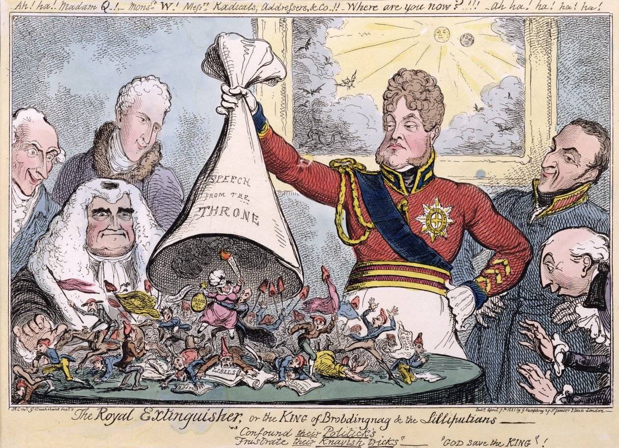 De Koninklijke Blusser of de Koning van Brobdingnag en de Lilliputters, 1821 door Isaac, Robert and George Cruikshank
