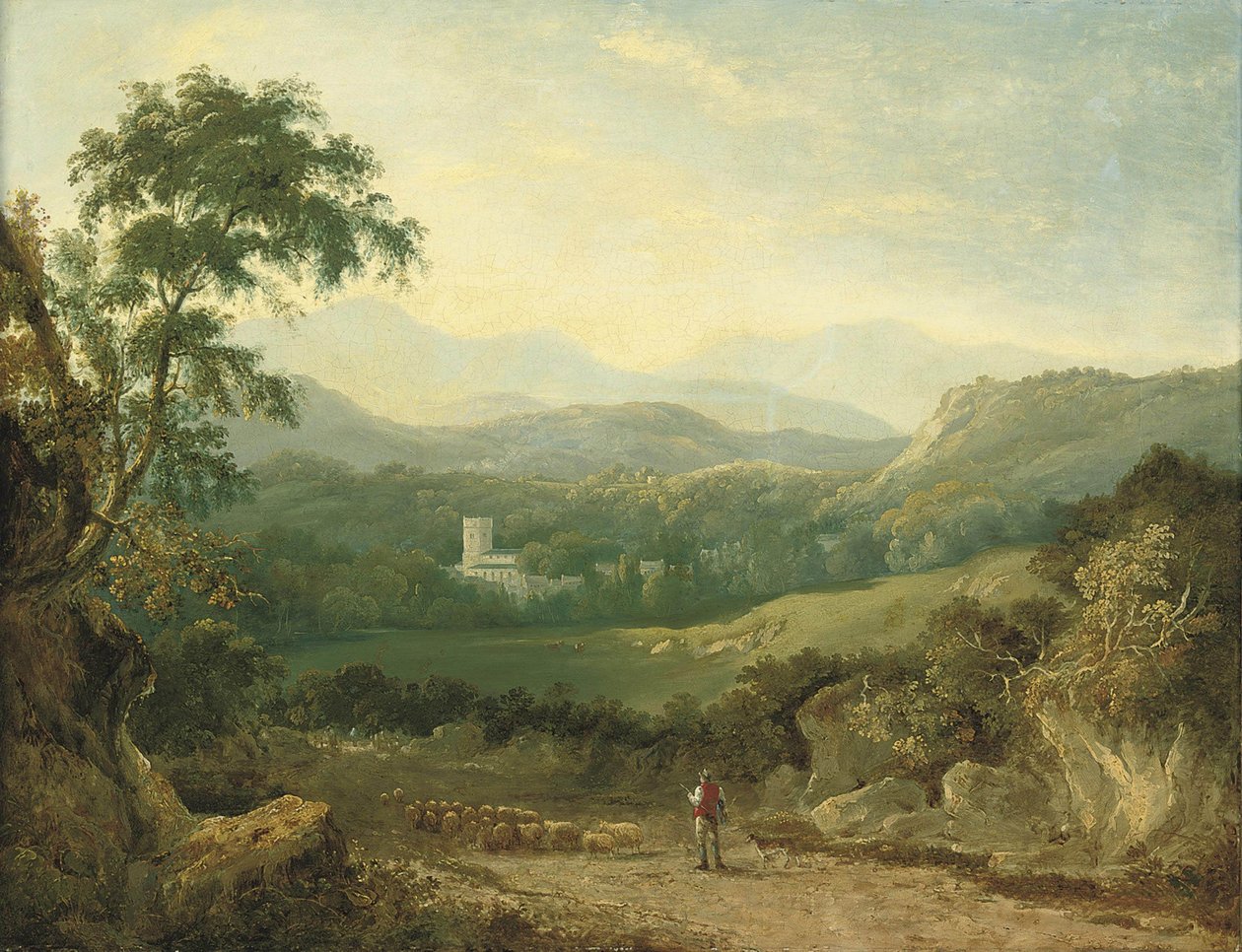 Een bergachtig landschap bij Porthmadog, met een herder, zijn kudde en een collie in een laan, een reiziger in de verte, koeien in een dal en een dorp daarachter door George Barret
