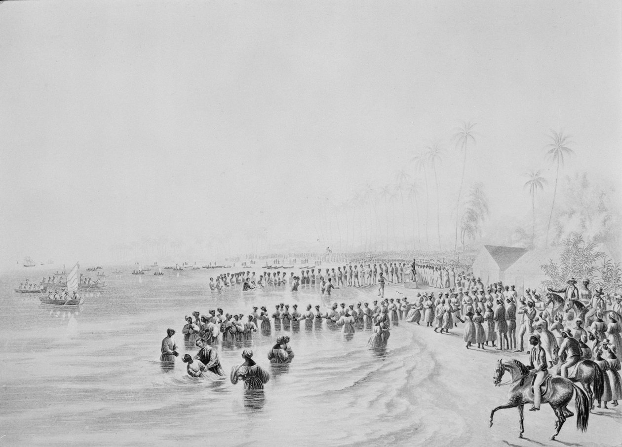 De doopceremonie in Jamaica, 1842 door George Baxter