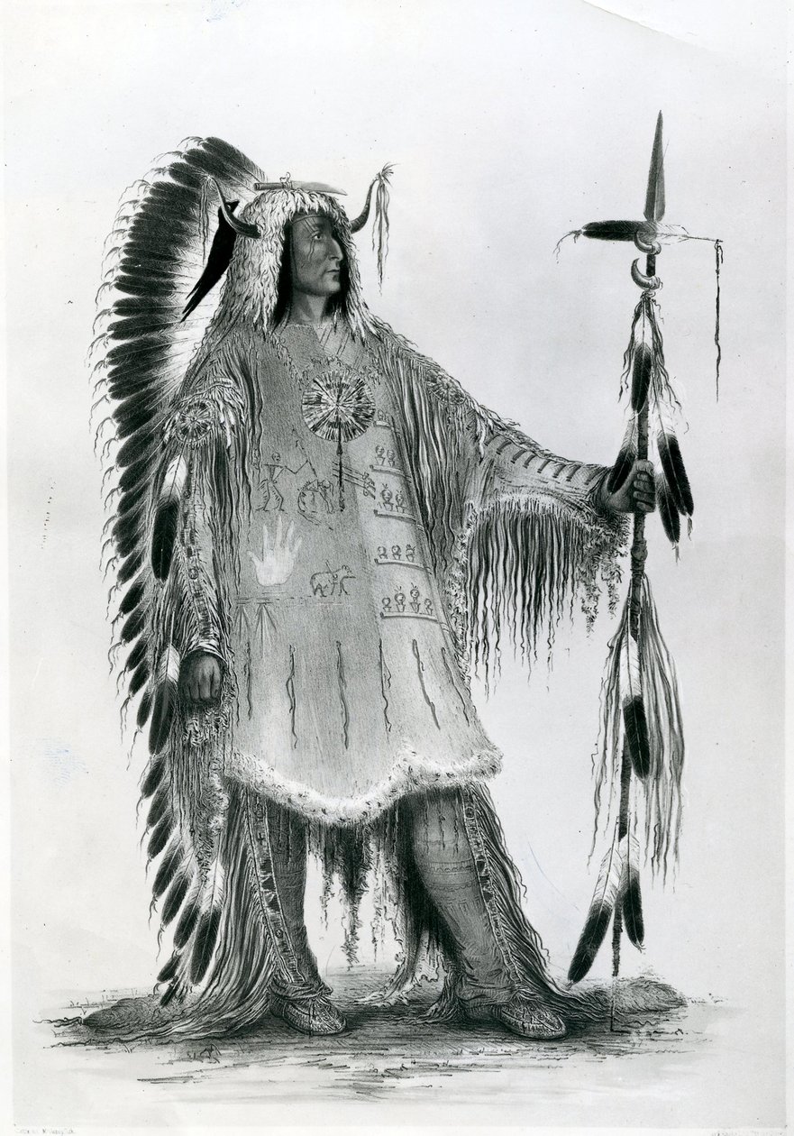 Mato-Tope, tweede hoofd van de Mandan mensen, ca. 1833 (bw litho) door George Catlin