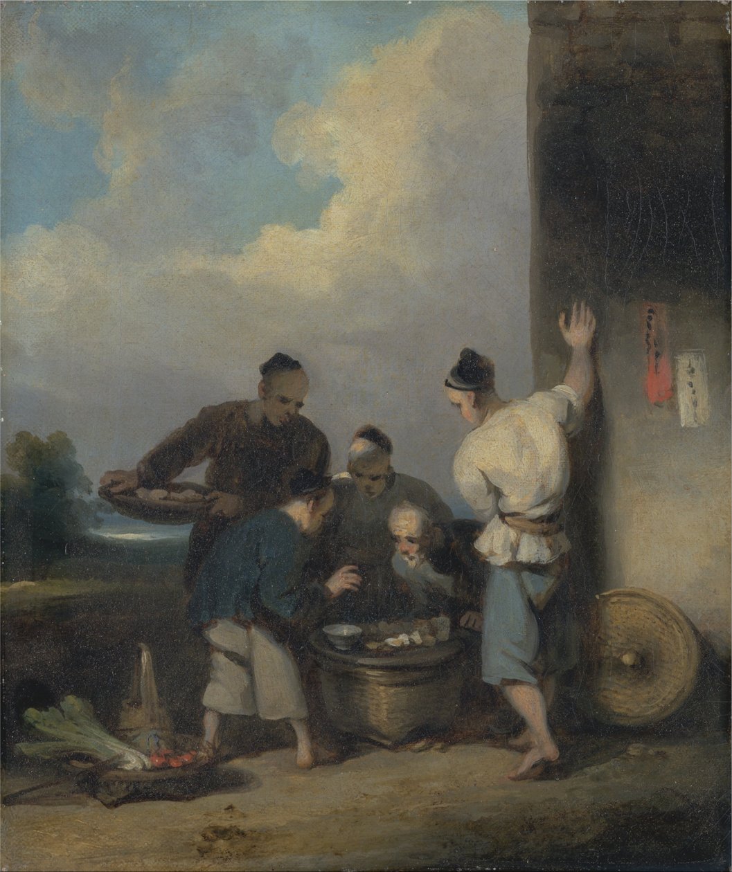 Koelies rond de voedselkraam door George Chinnery