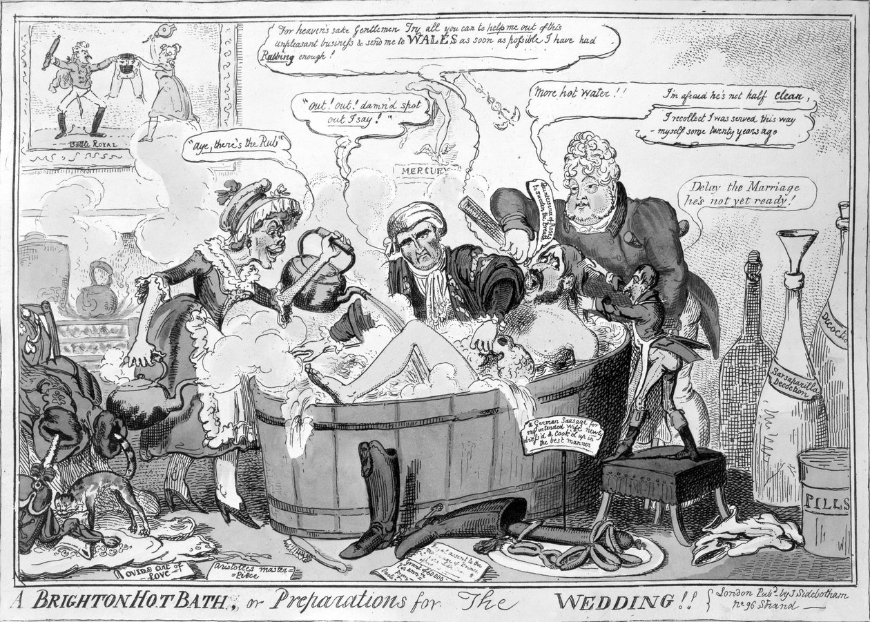Een heet bad in Brighton, of voorbereidingen voor de bruiloft, 1816 door George Cruikshank