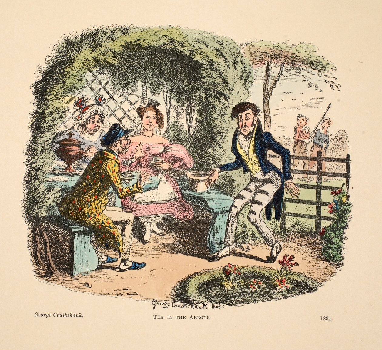 Thee in het prieel, uitgegeven 1831 door George Cruikshank
