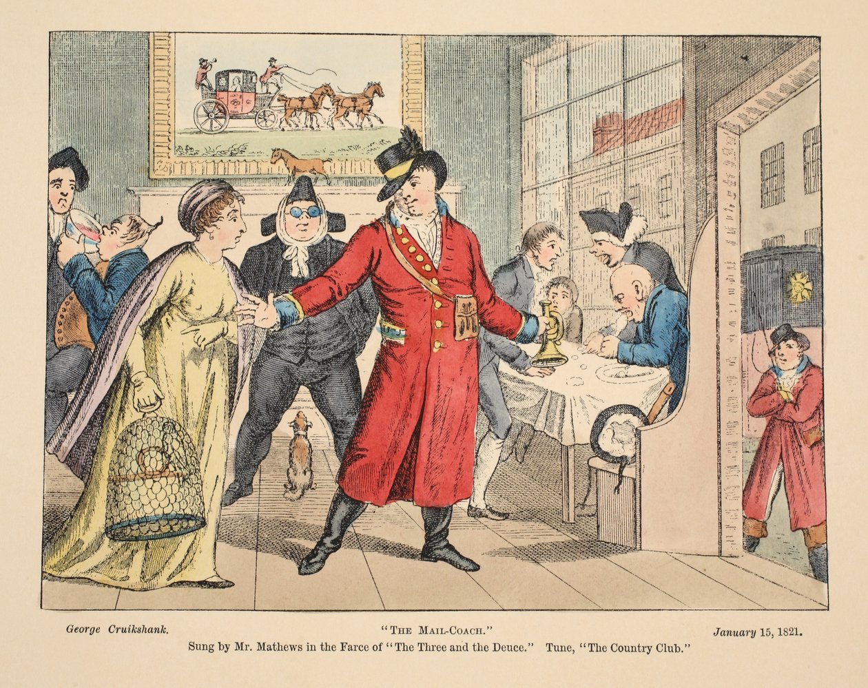 De Postkoets, gezongen door Mr Mathews in de klucht The Three and the Deuce. Deuntje, The Country Club, uitgegeven 1821 door George Cruikshank