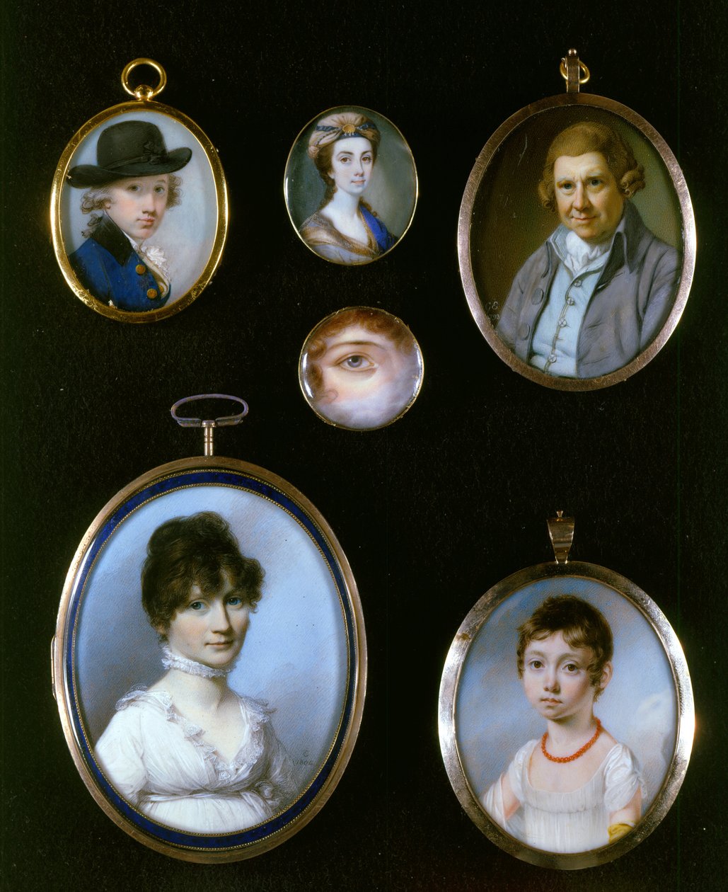 Portretminiaturen, van LtoR en TtoB: Sir Thomas Terney; Onbekende Vrouw; William Alton; Portret van een Oog; Onbekende Vrouw (1750-1829); Onbekend meisje door J.C.D. Engleheart (1784-1862) door George Engleheart