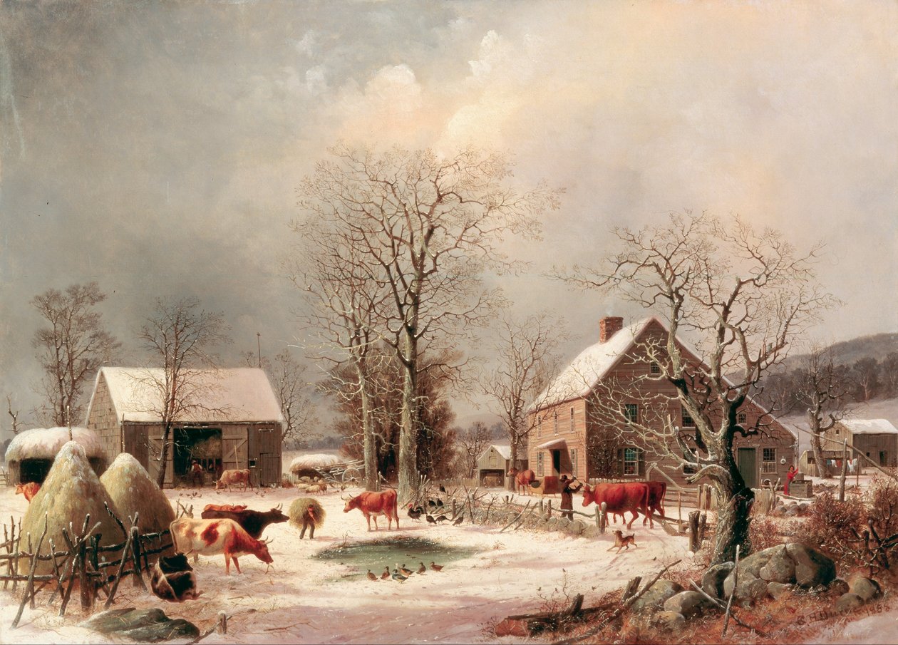 Boerenerf in de winter door George Henry Durrie