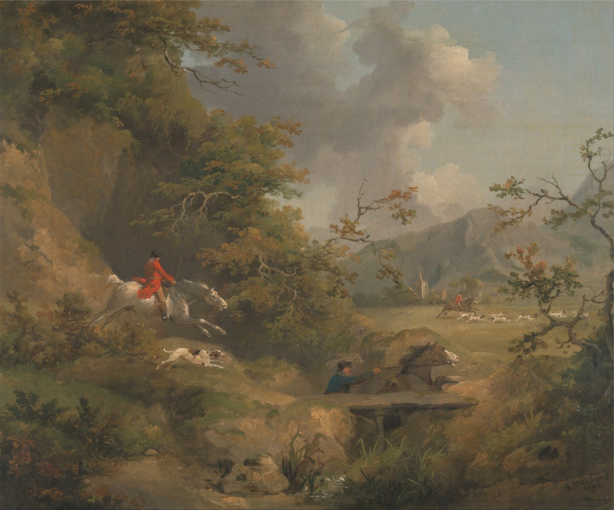 Vossenjacht in heuvelachtig gebied door George Morland