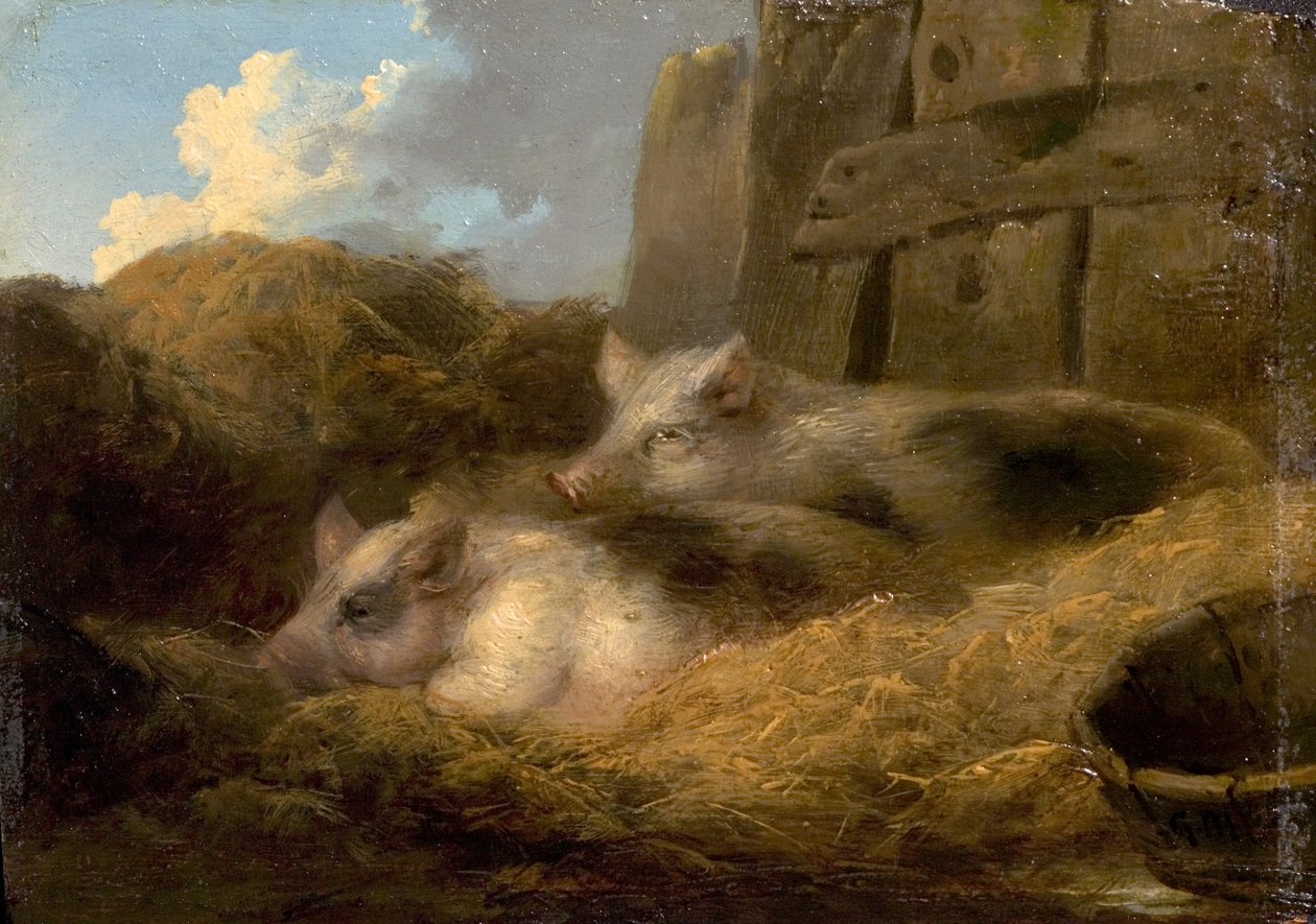 Twee varkens in stro (Schuur met varkens) door George Morland