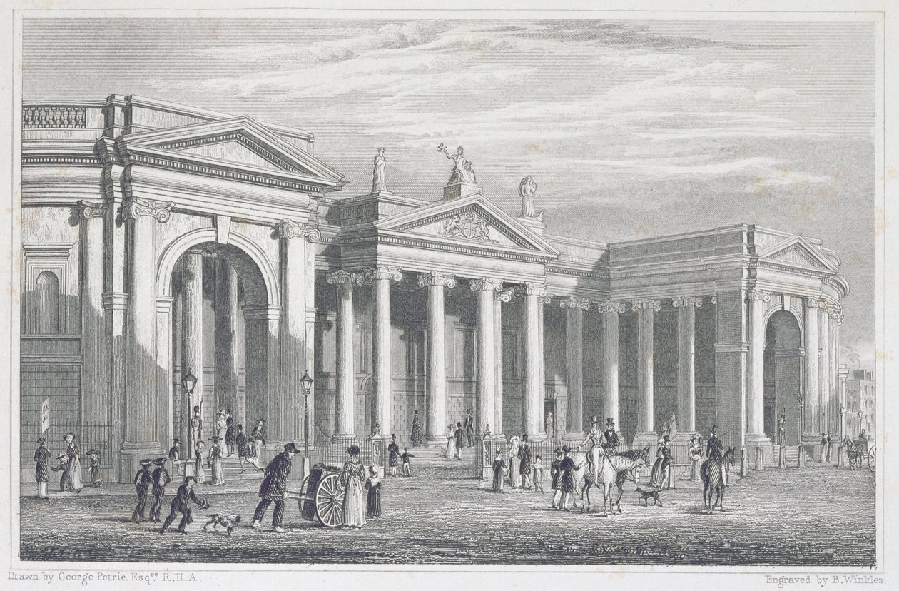 Zuidportiek van de Bank van Ierland, Dublin, oorspronkelijk het Parlementsgebouw, gegraveerd door B. Winkles door George Petrie