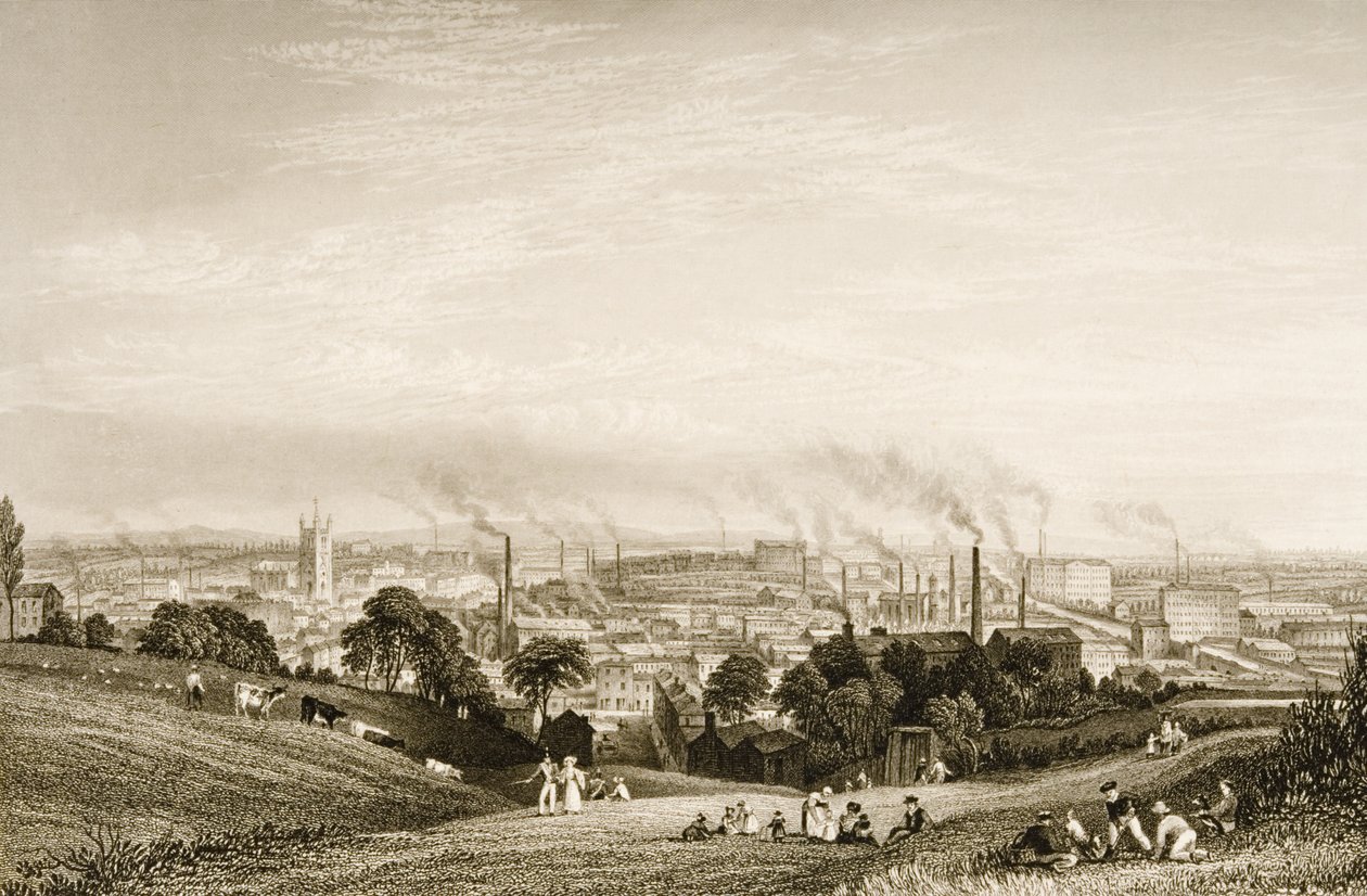 Algemeen overzicht van Stockport, Lancashire met katoenspinnerijen, gepubliceerd door J.C. Varrall (fl.1815-27) 1830s door George Pickering