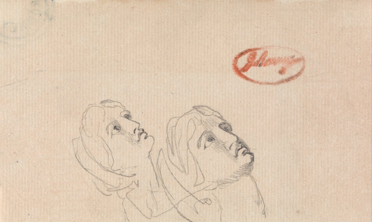 Twee hoofden die omhoog kijken door George Romney