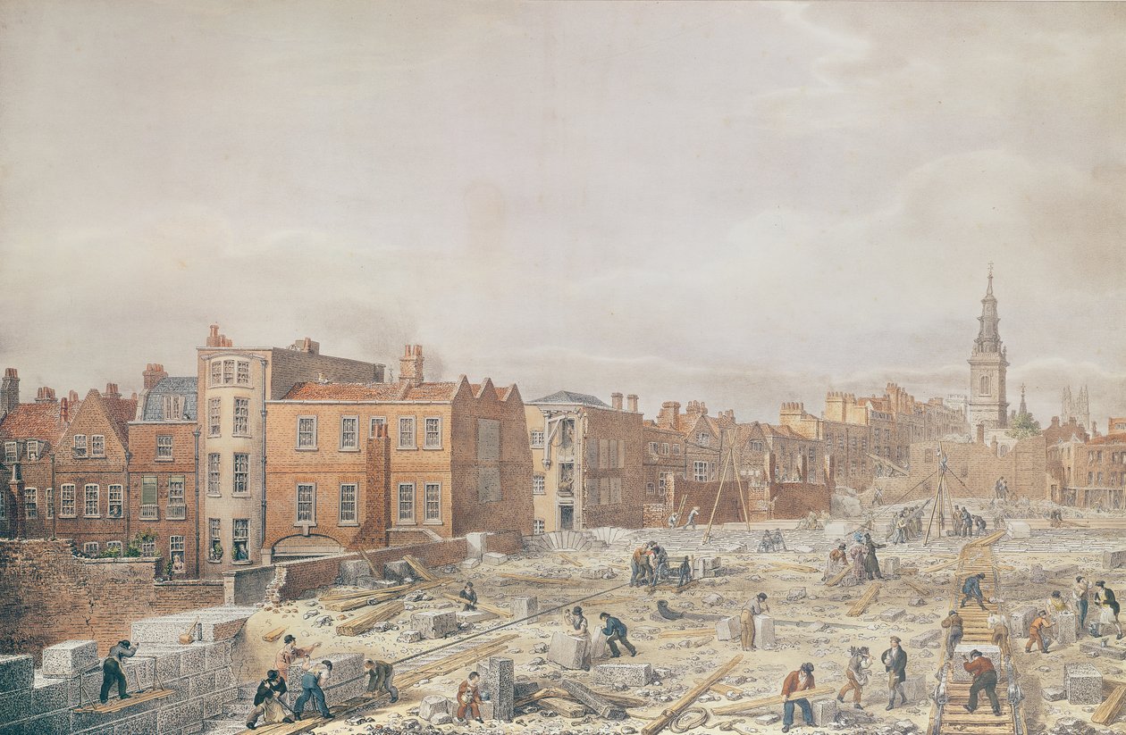Een Uitzicht op de Noordelijke Toegang tot de London Bridge tijdens de bouw door George Snr Scharf