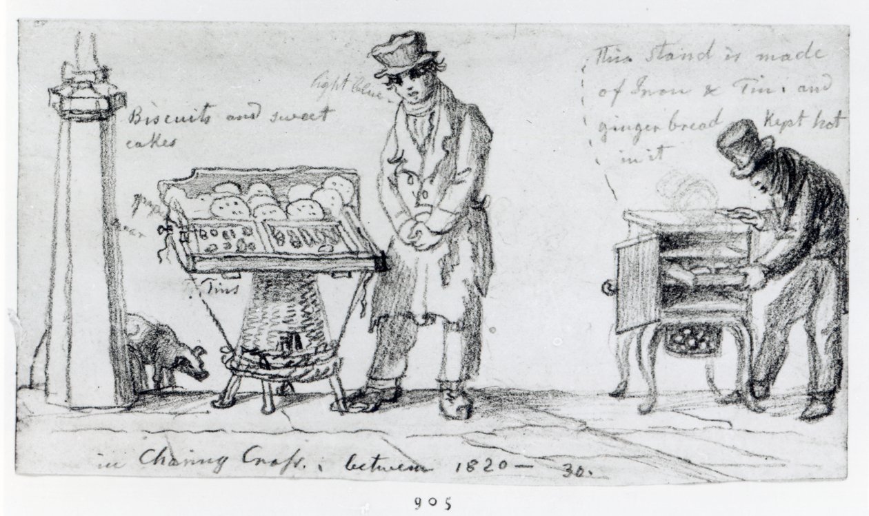Koek- en peperkoekkraampjes bij Charing Cross, 1820-30 door George Snr Scharf