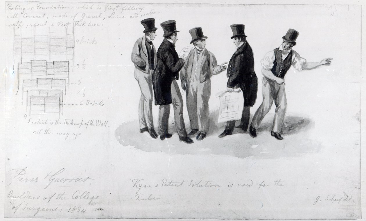 Bouwers, landmeters en architecten bij de bouw van het Royal College of Surgeons, 1834 door George Snr Scharf