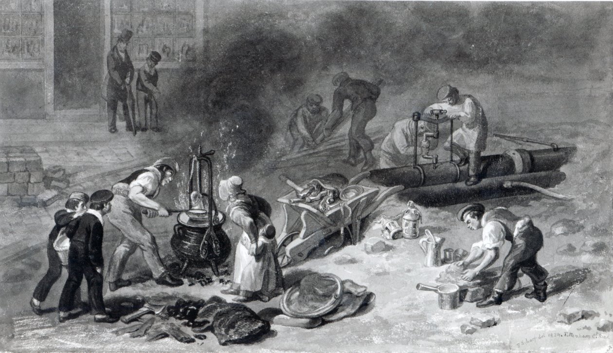 Het leggen van de waterleiding in Tottenham Court Road, 1834 door George Snr Scharf
