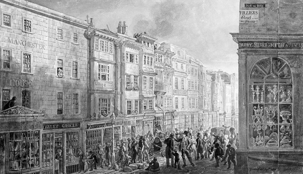 The Strand vanaf de hoek van Villiers Street, 1824 door George Snr Scharf