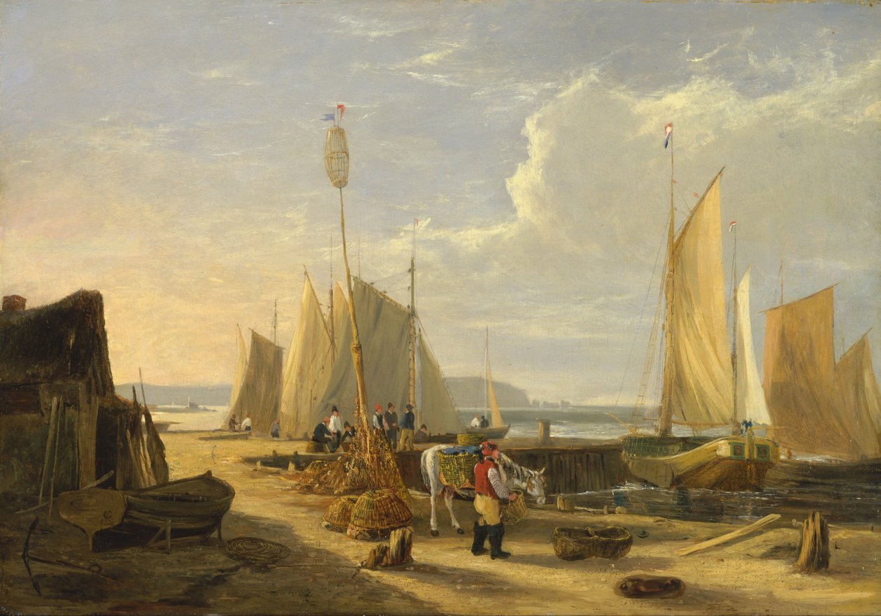 Een havenscène op het eiland Wight, kijkend naar de Needles door George Vincent