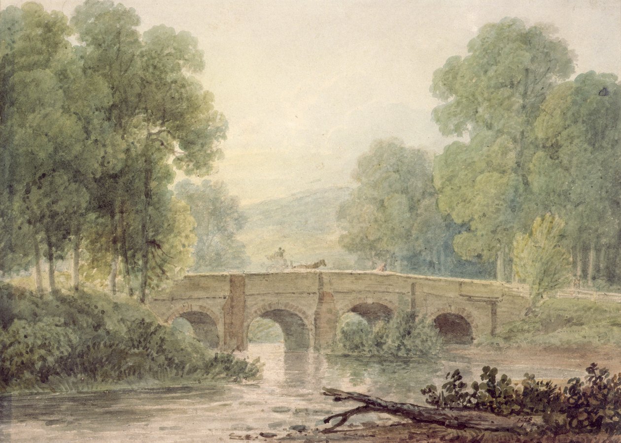 Boslandschap met een stenen brug over een rivier door George the Younger Barret