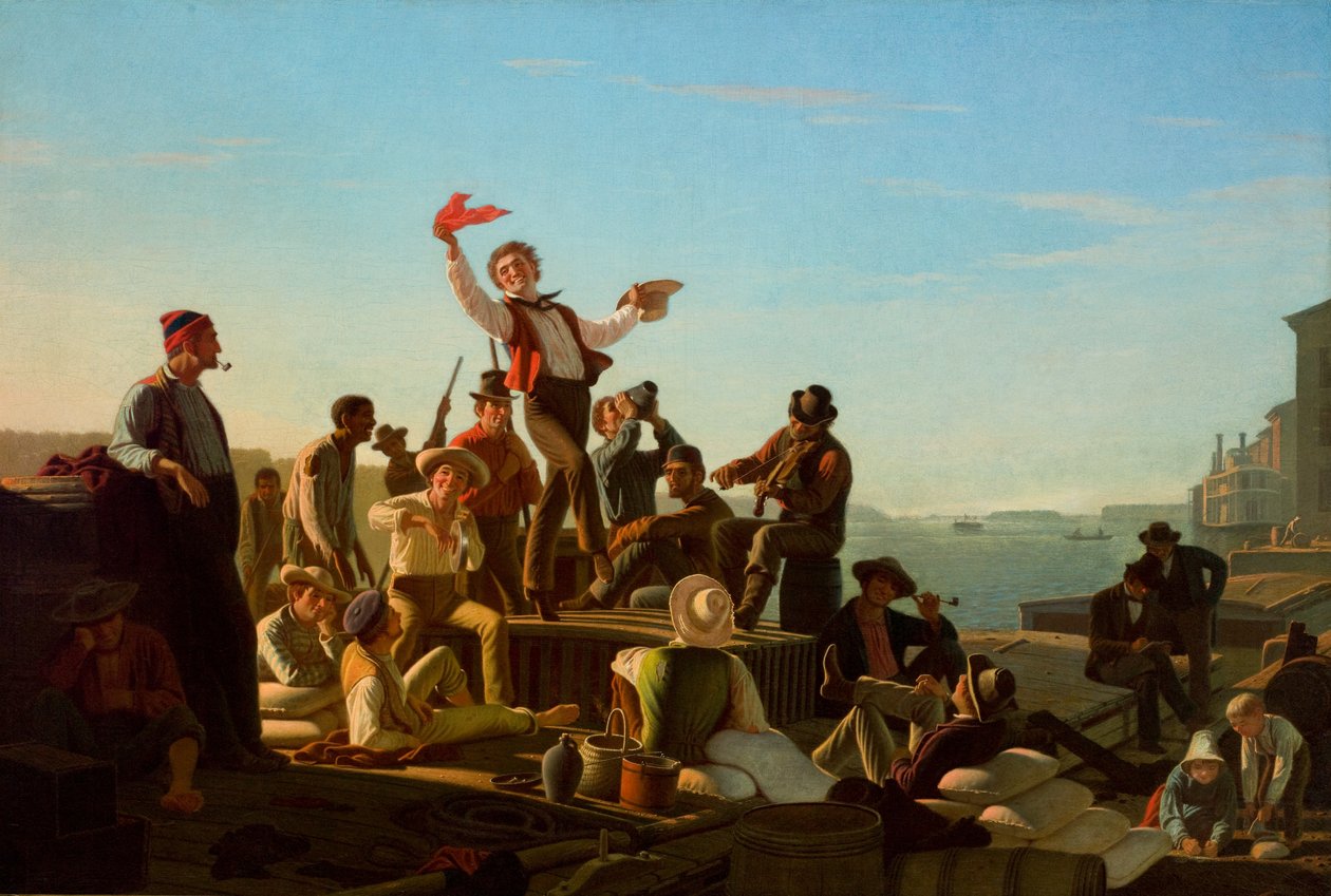 Vrolijke platbodemers in de haven door George Caleb Bingham