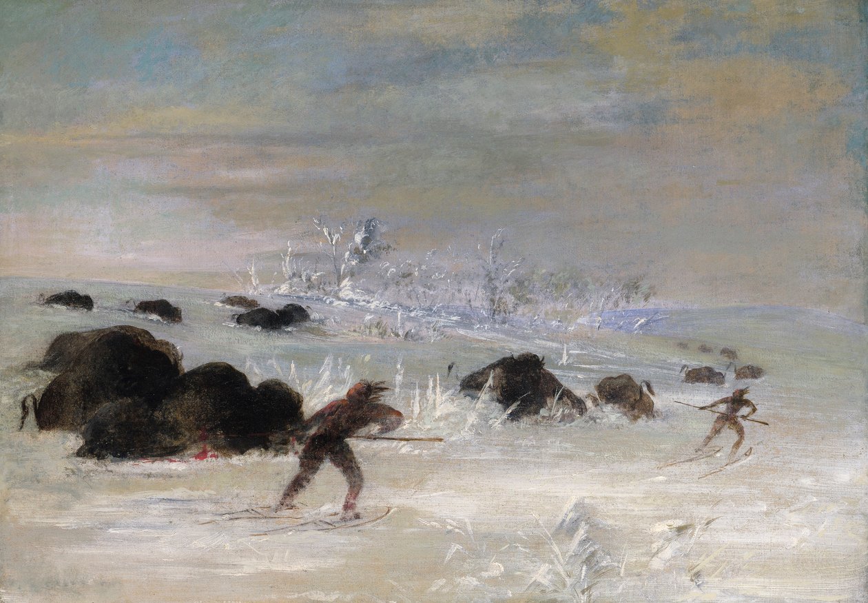 Assiniboine Indianen achtervolgen buffels op sneeuwschoenen door George Catlin