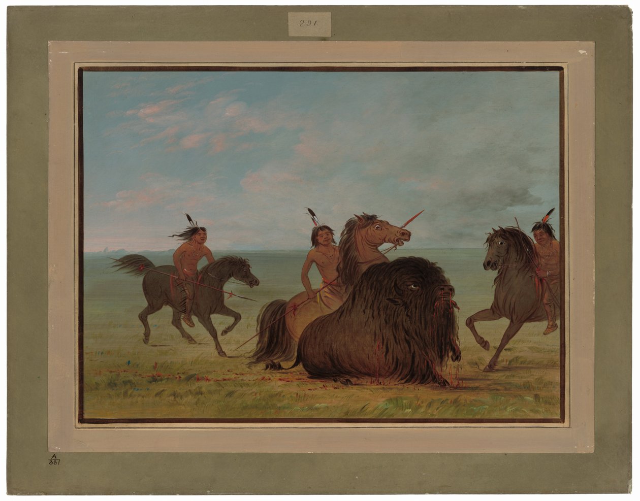 Camanchees die een buffelstier lanceren door George Catlin