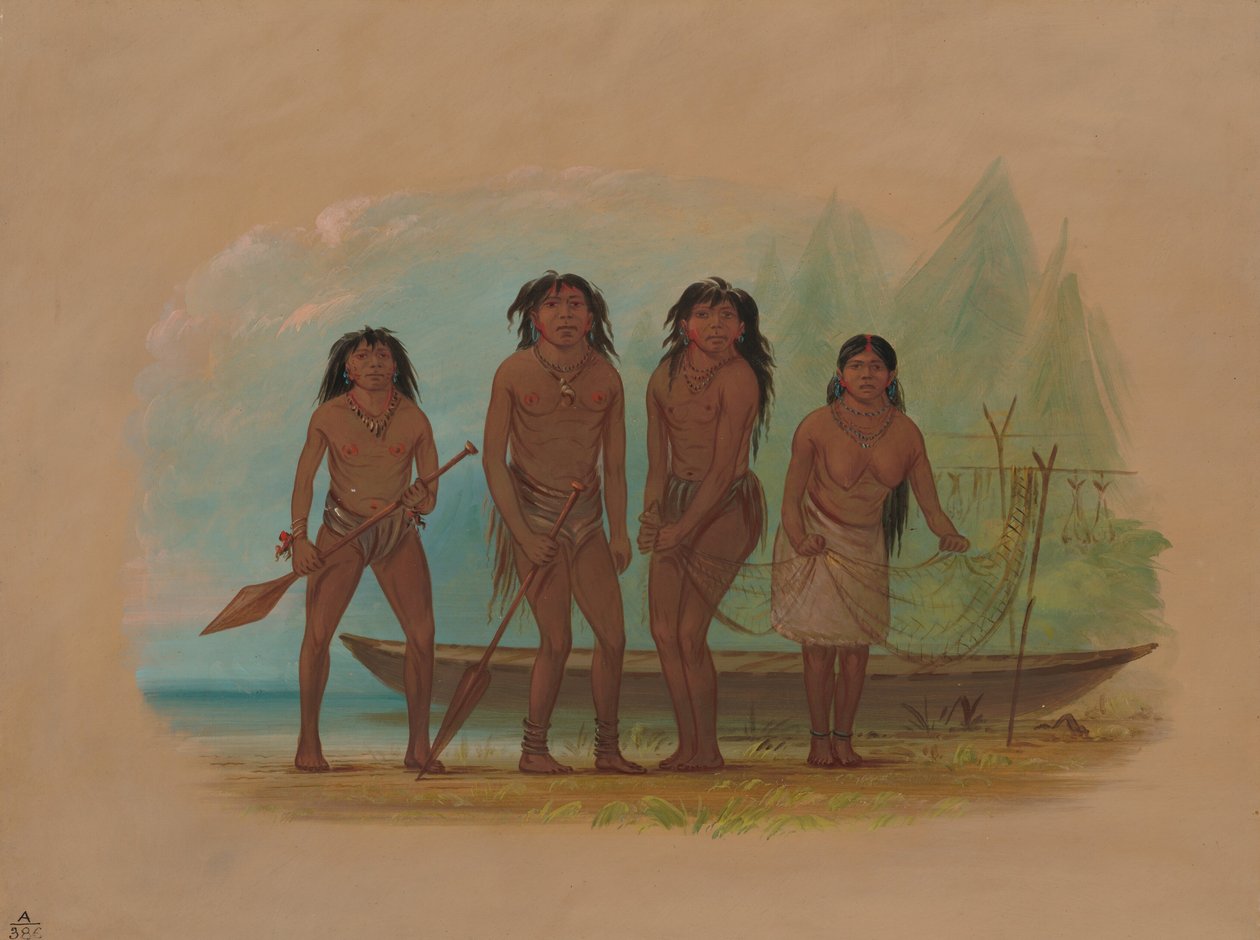 Vier Fuegiaanse Indianen, 1856-1869 door George Catlin