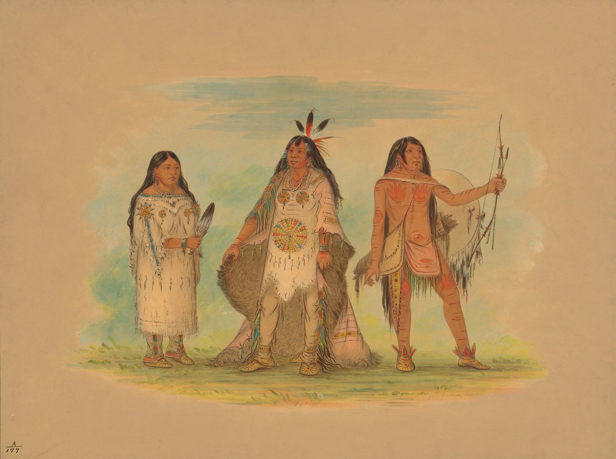 Drie Minatarree Indianen, 1861 door George Catlin