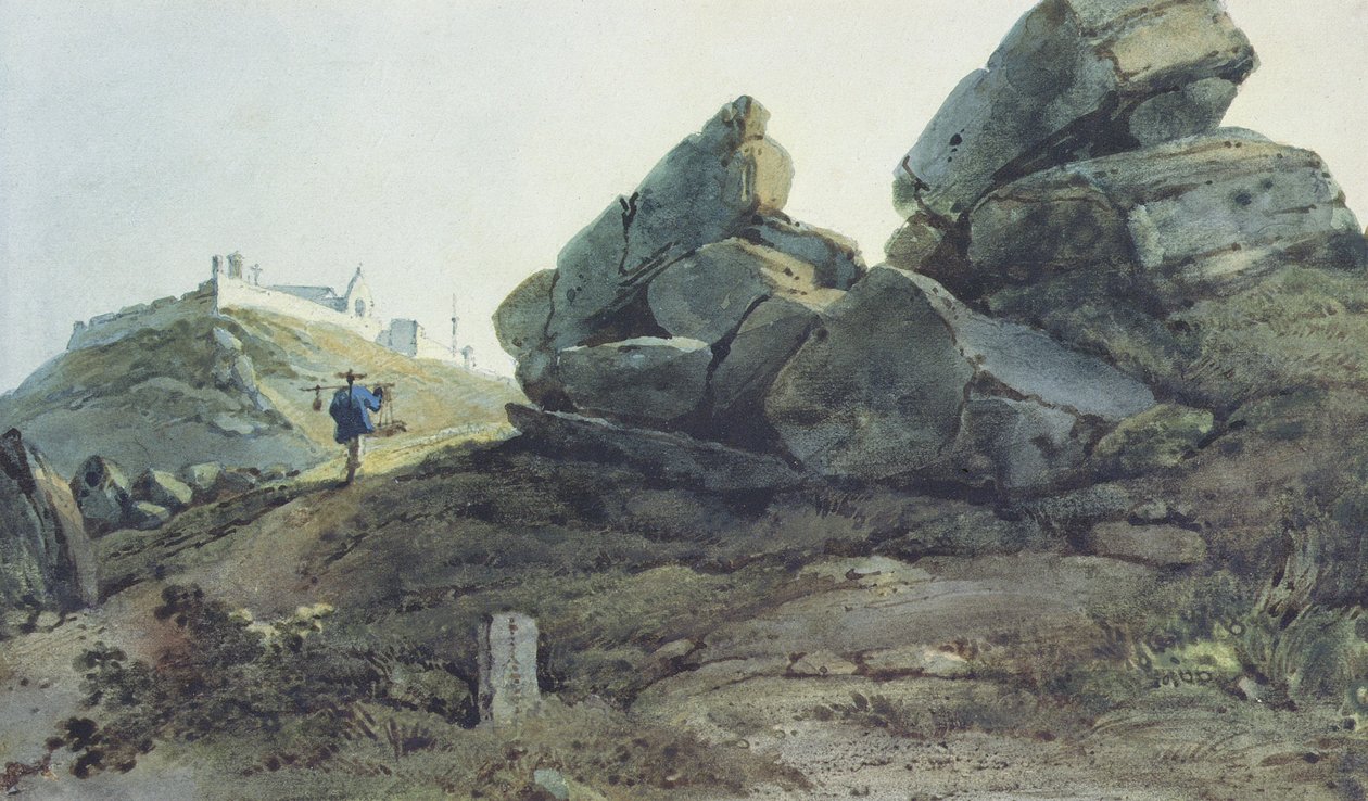 Rotsen en een Heuvelklooster, China door George Chinnery