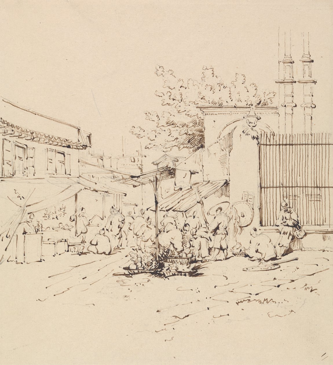 Straatscène met Handelaren die Waren Verkopen door George Chinnery