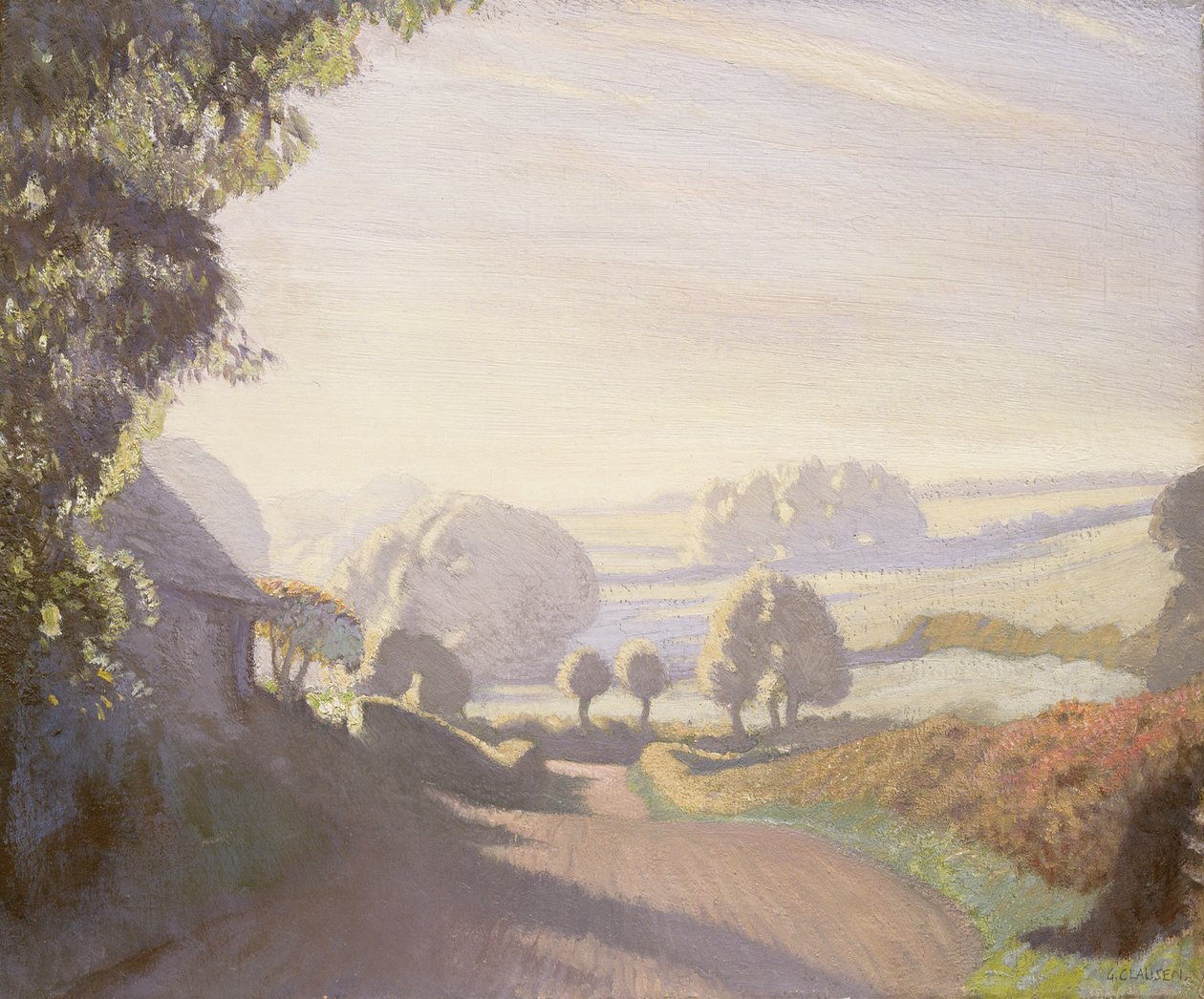 Septembermorgen, de velden door George Clausen
