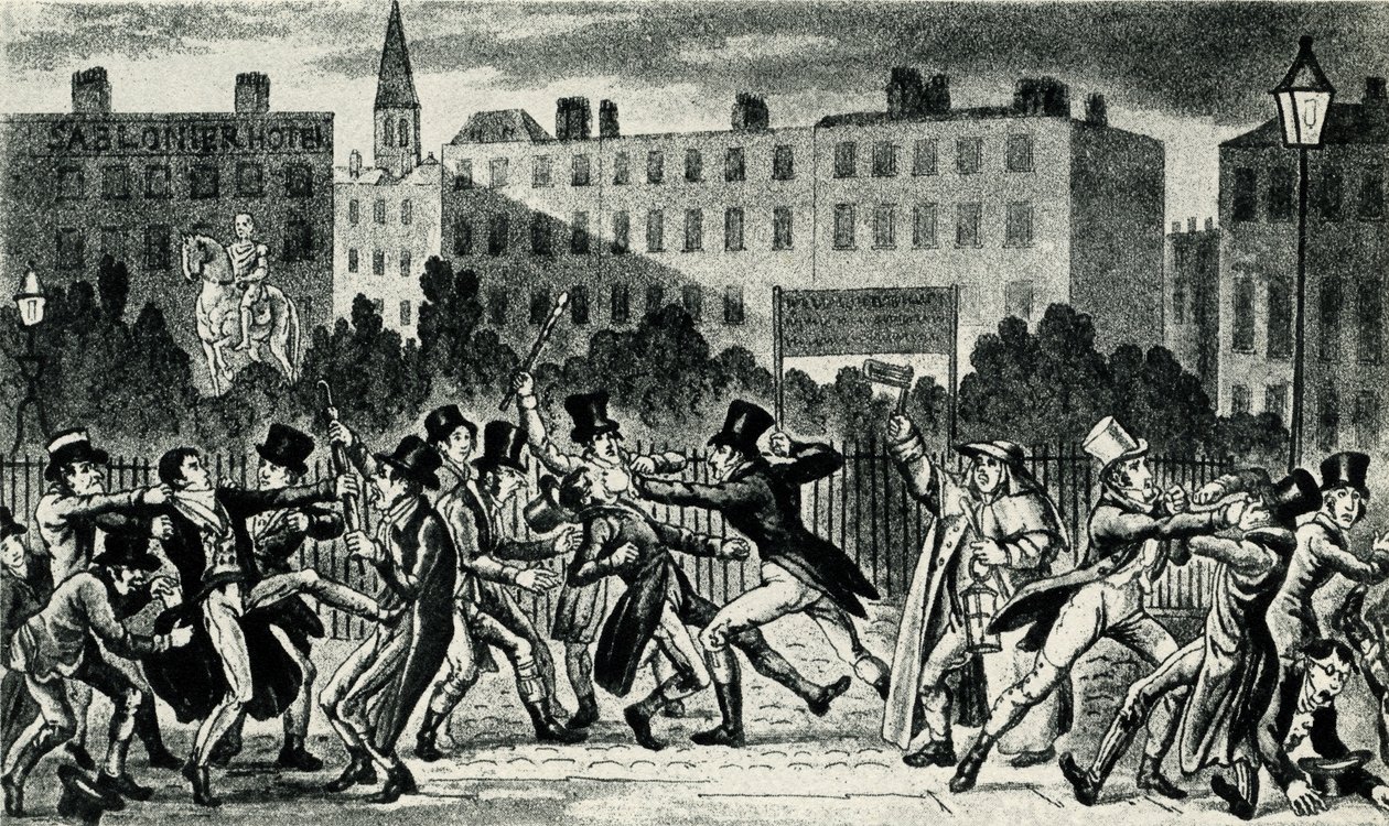 Straatgevecht in Londen, begin 19e eeuw door George Cruikshank