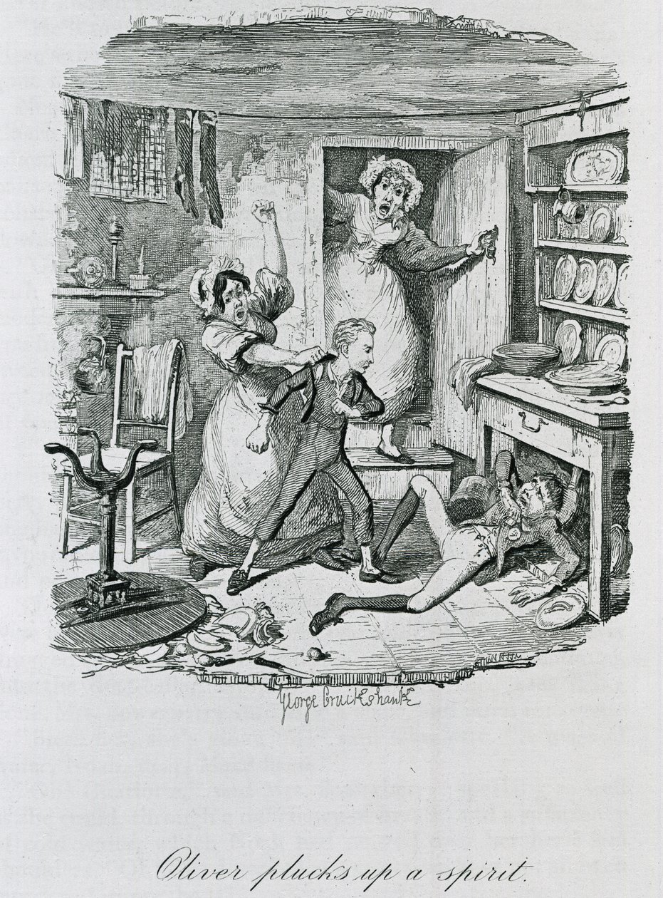 Oliver Krijgt Moed, 1837 door George Cruikshank