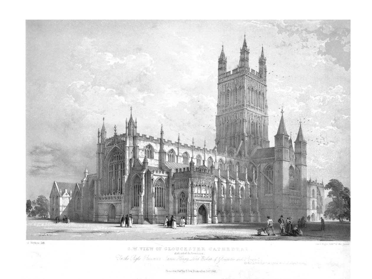 Zuidwestelijk uitzicht op de kathedraal van Gloucester, ca. 1842 door George Hawkins