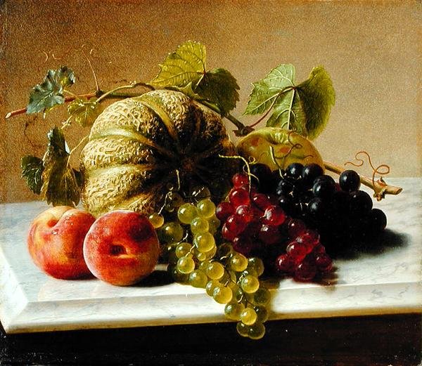 Stilleven met meloenen en druiven door George Hetzel