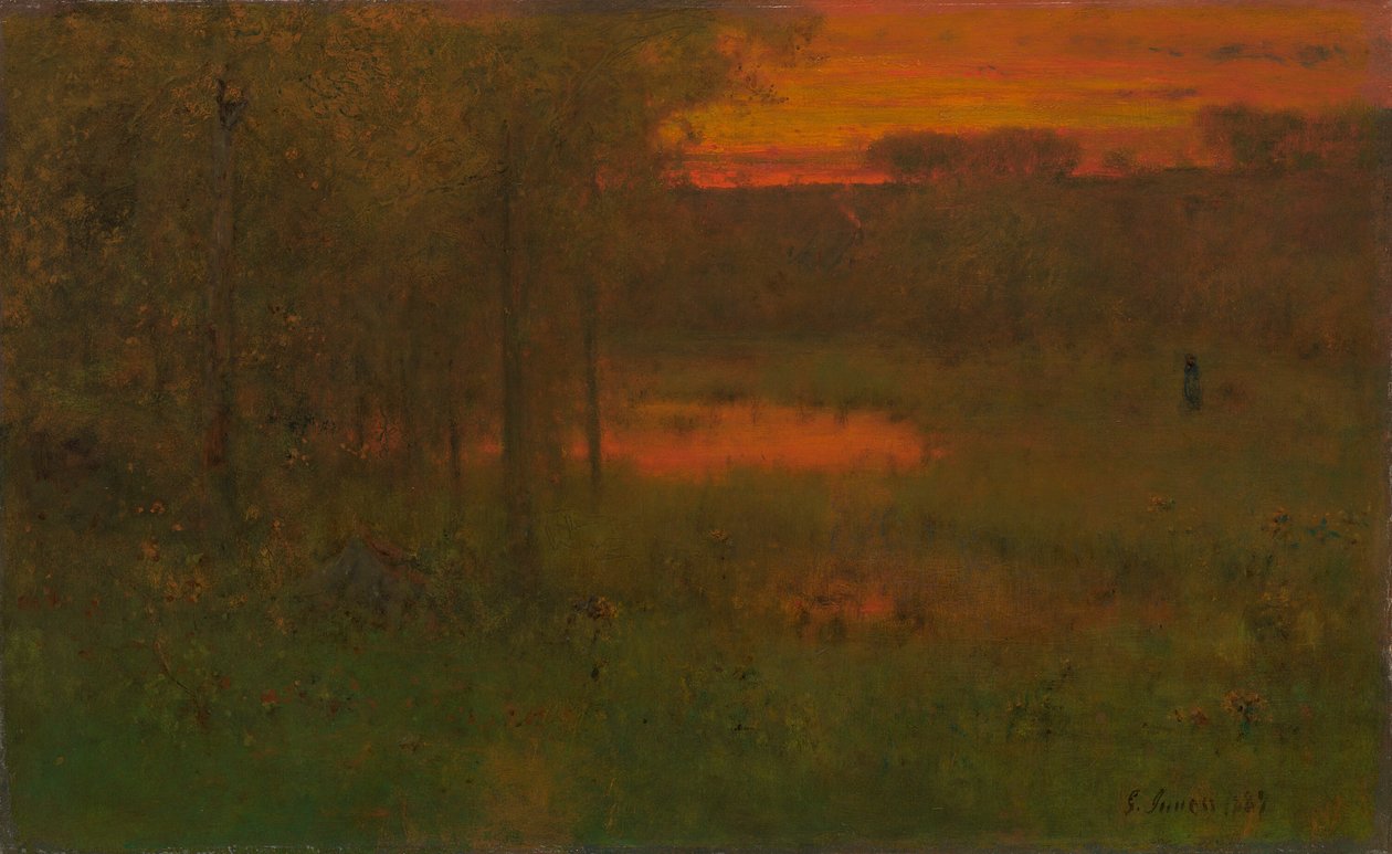 Landschap, zonsondergang door George Inness