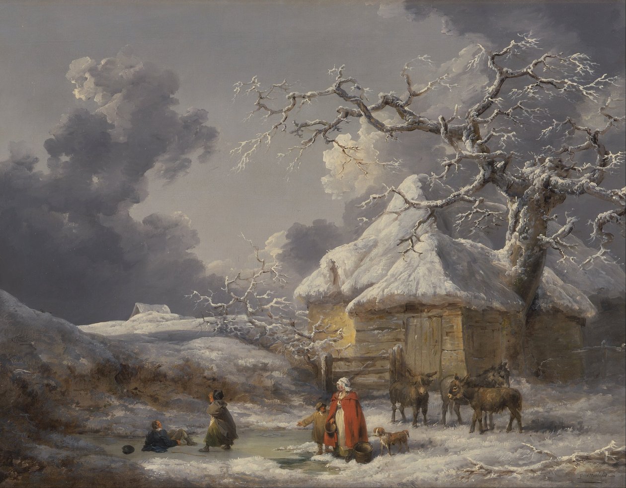 Winterlandschap met figuren door George Morland