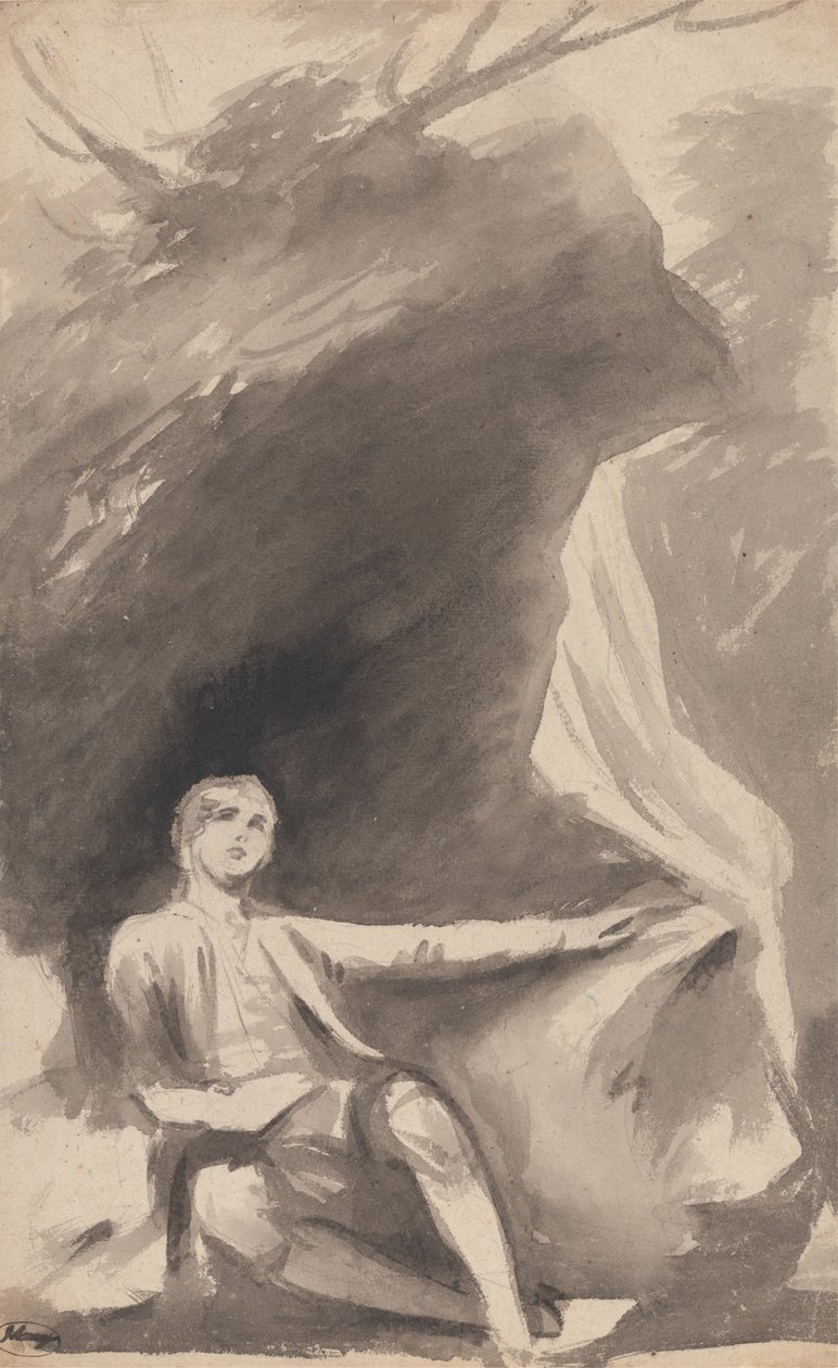 Jongen zittend onder een rots door George Romney