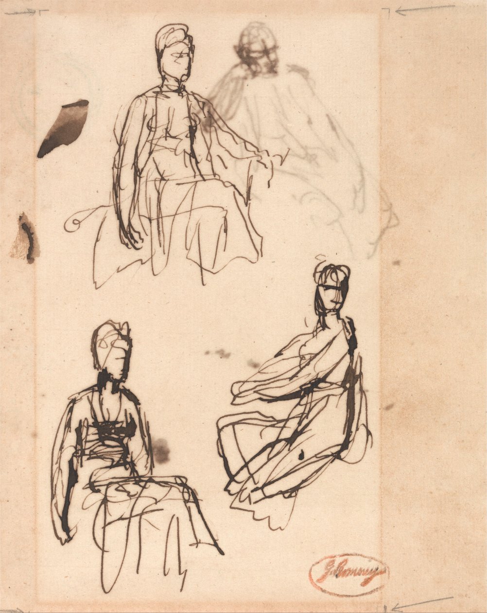 Zittende vrouw: Drie studies door George Romney