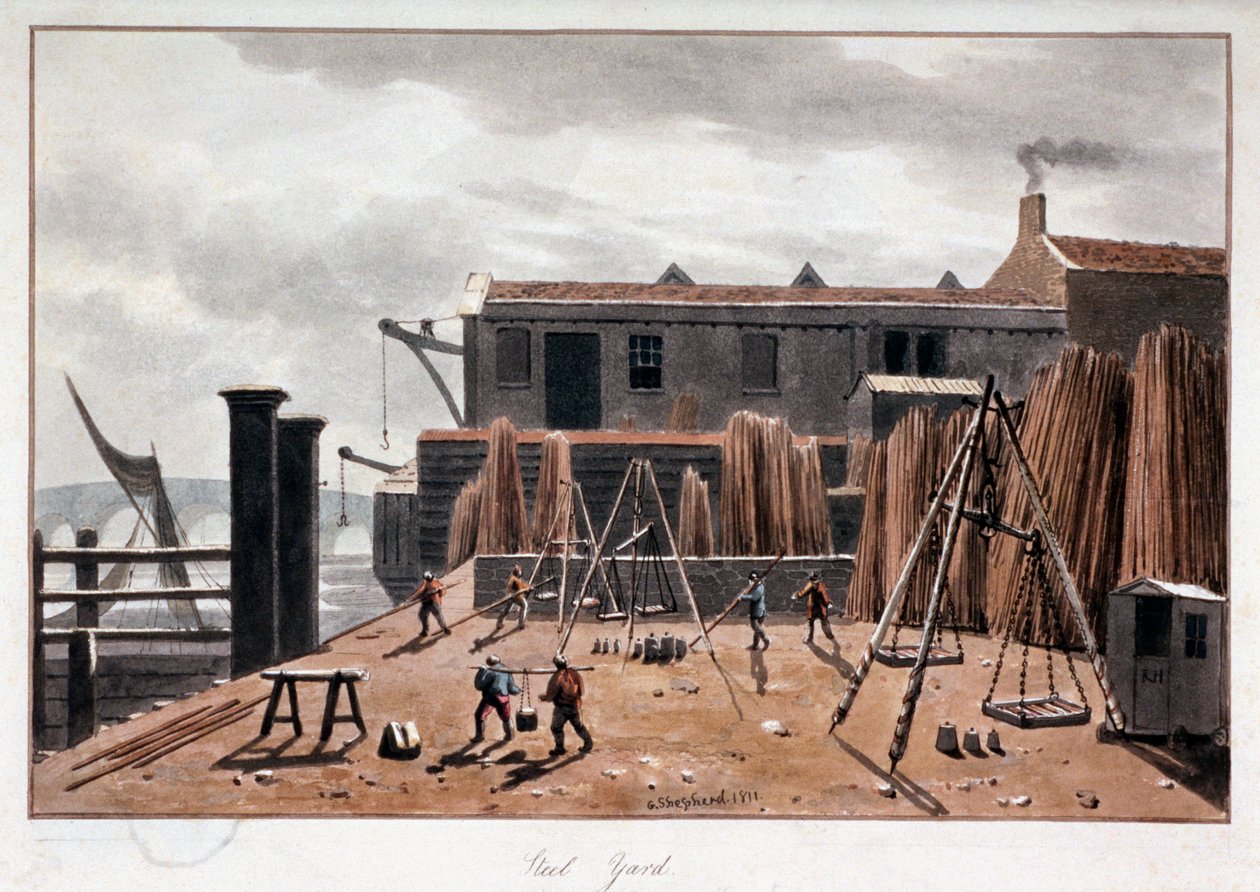 Uitzicht op Steelyard Wharf, Londen, 1811 door George Shepherd