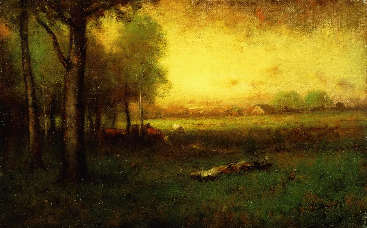 Koeien Grazend bij Zonsondergang door George Snr. Inness