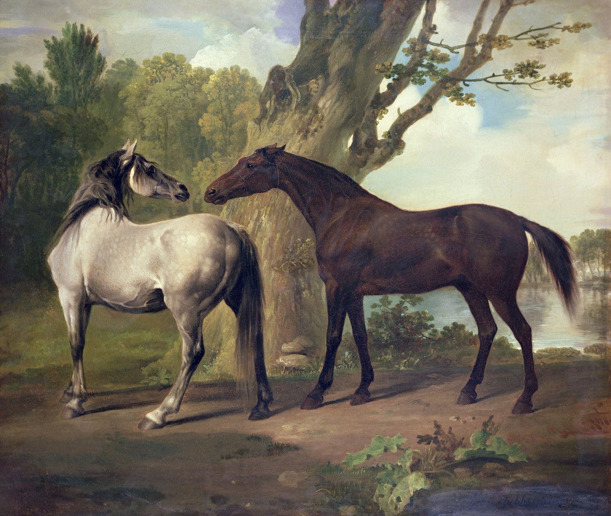 Twee Paarden in een Landschap door George Stubbs